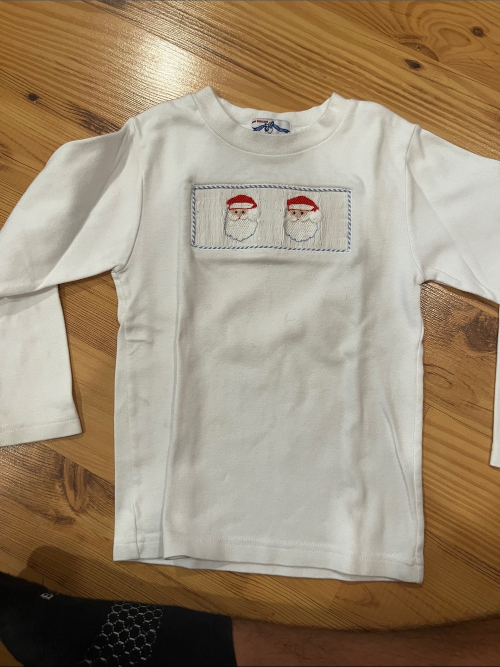 White Long-Sleeve Kids Top with Festive Santa Embroidery